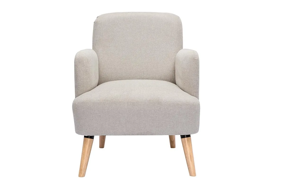Fauteuil scandinave en tissu effet velours texturé beige et bois clair ISKO