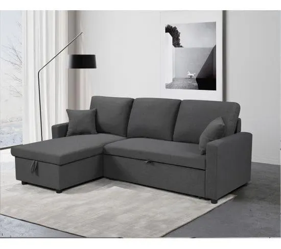 Canapé d'angle convertible méridienne réversible TYRA tissu gris