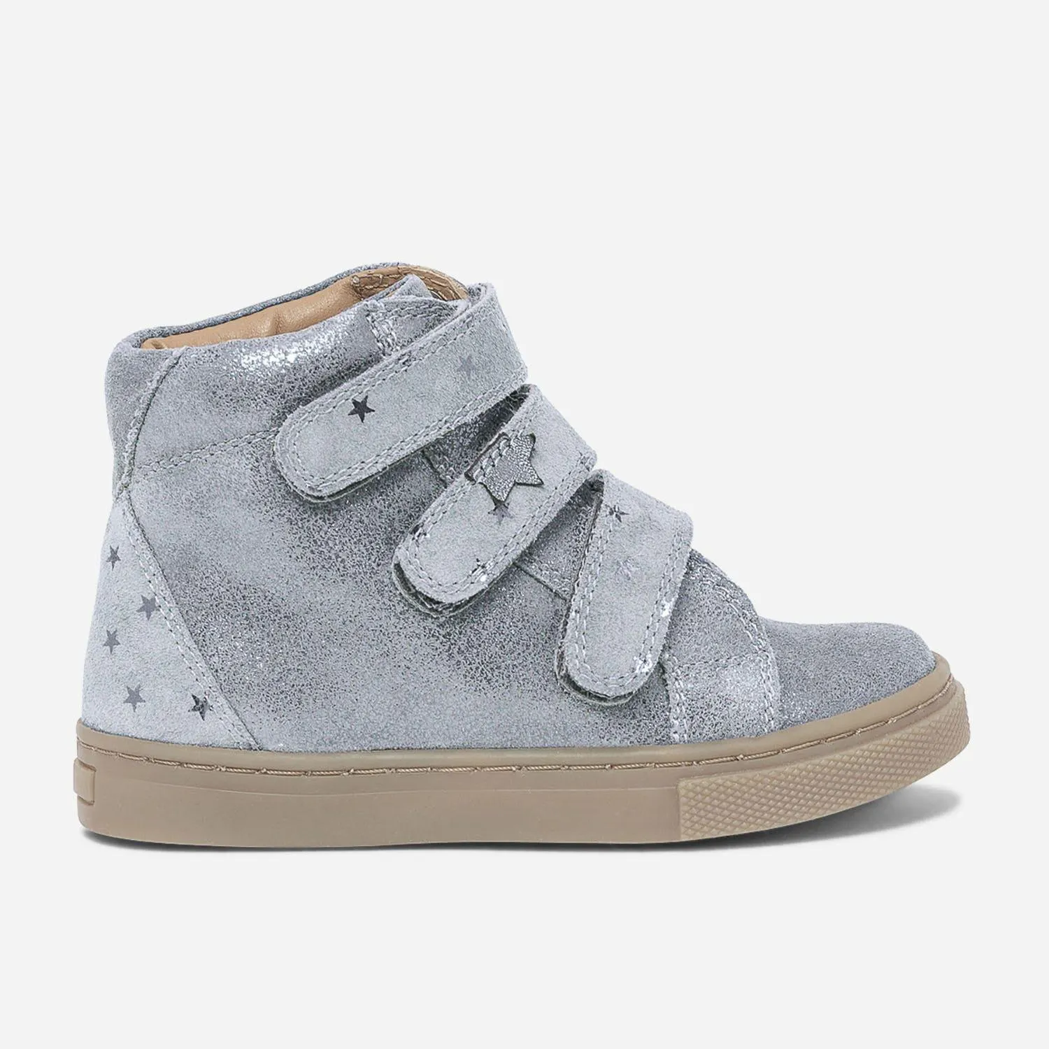 Boots grise en cuir velours irisé à scratchs étoilés