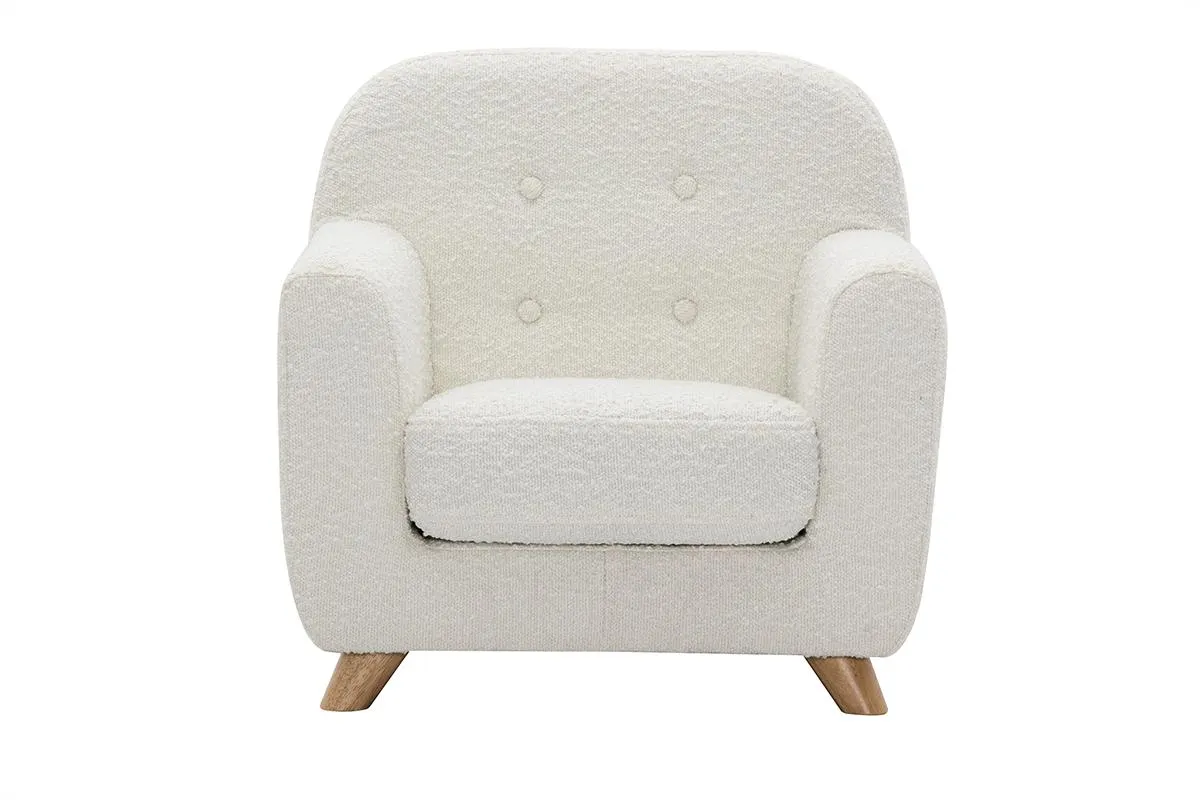 Fauteuil enfant scandinave en tissu effet laine bouclée blanc et bois clair NORKID