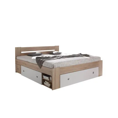 Lit 140x200 cm avec rangements et chevets STEFAN imitation chêne et blanc