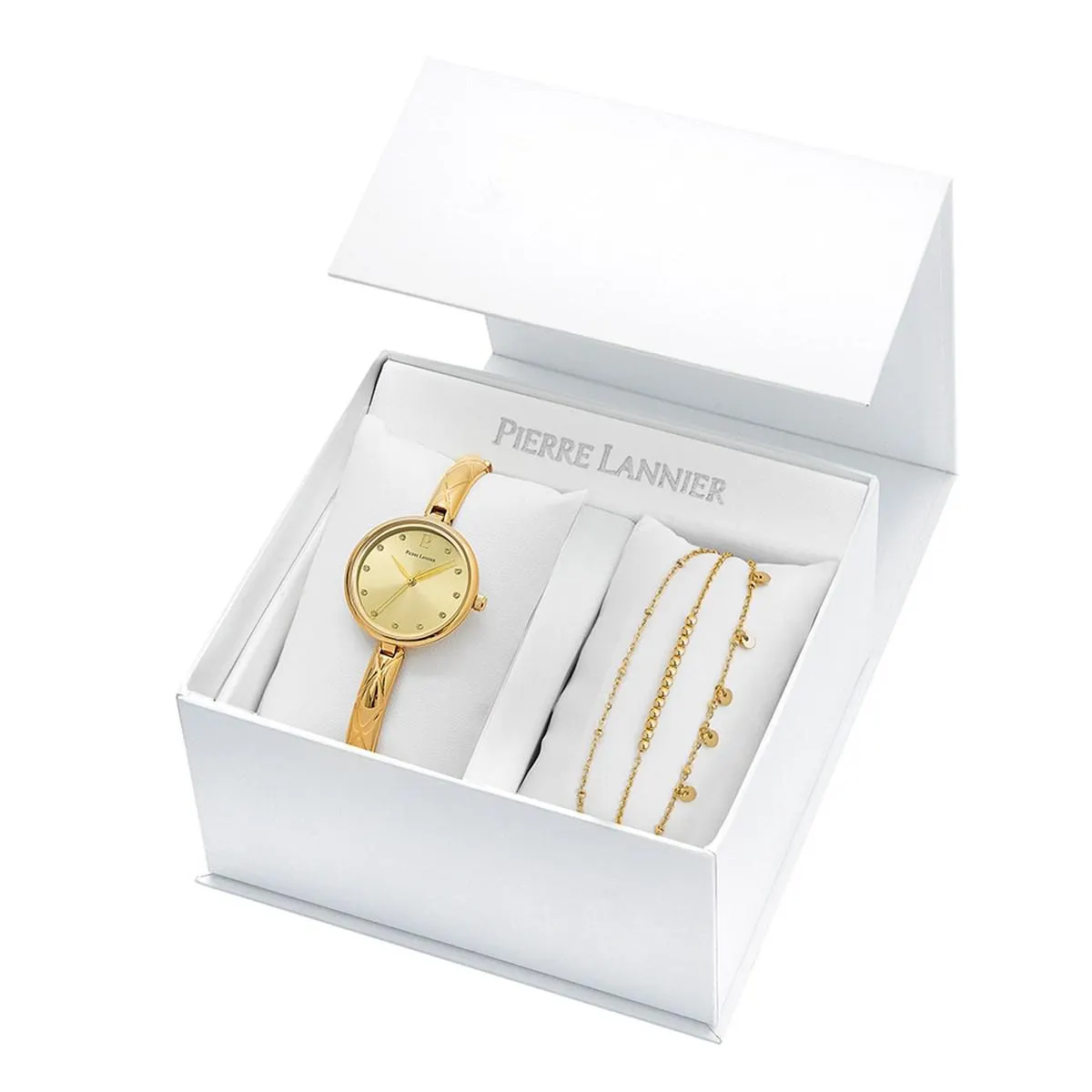 Coffret montre Femme Pierre Lannier LEIA Cadran Doré Bracelet Acier Doré