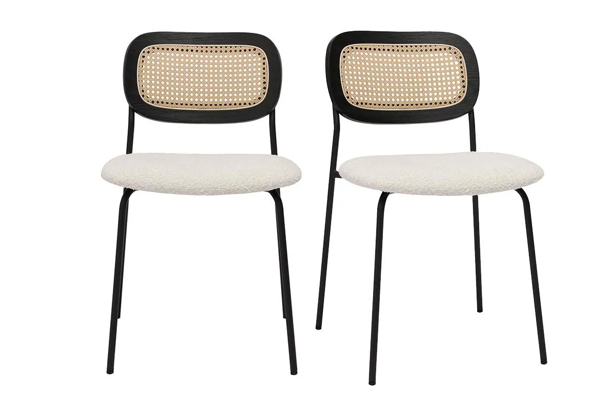 Chaises design en tissu effet laine bouclée blanc, métal noir et cannage rotin (lot de 2) MIRANDA