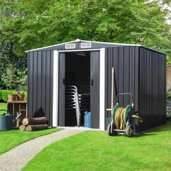 Abri de jardin acier galvanisé 4,77 m² gris anthracite avec double porte coulissante – Terre Jardin