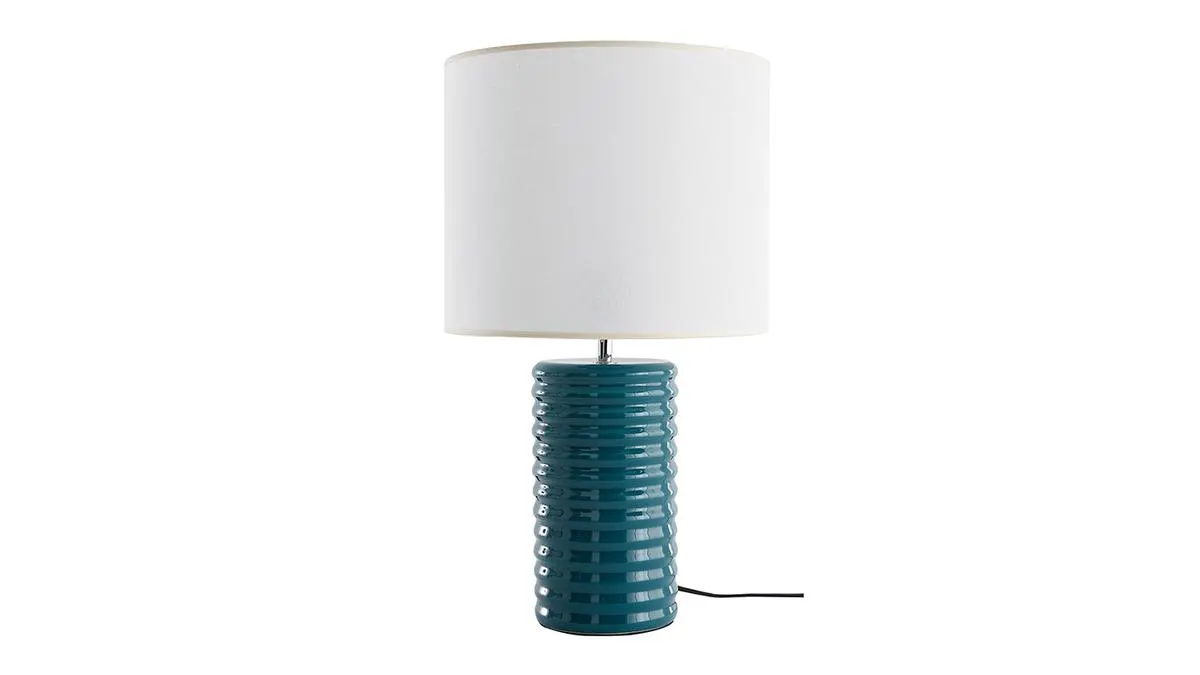Lampe à poser en céramique émaillée bleu canard et abat-jour écru H53 cm BERRO
