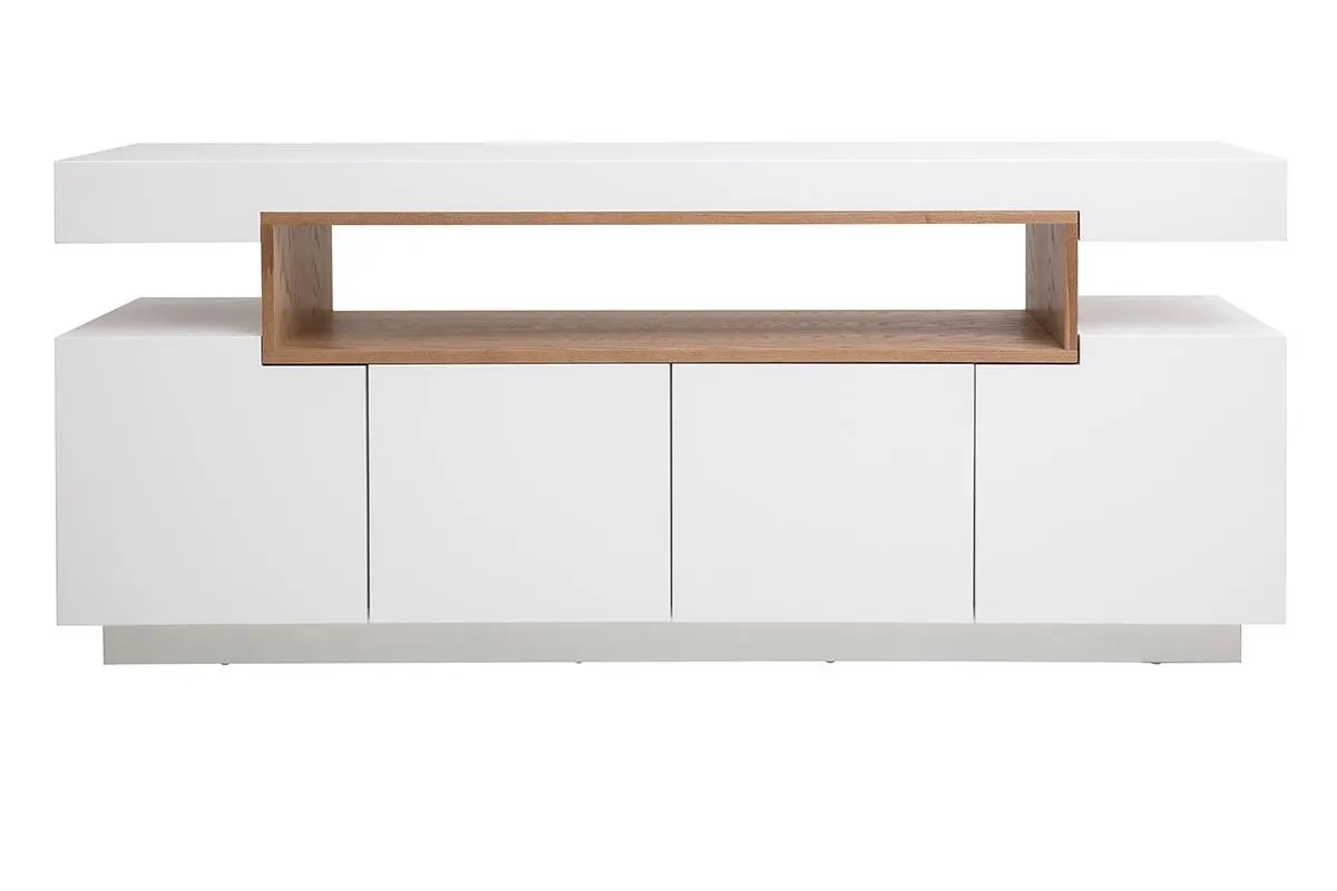 Buffet scandinave blanc laqué brillant et bois 4 portes L180 cm LIVO