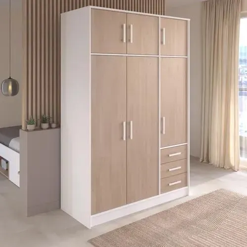 Armoire 6 portes 3 tiroirs STORY L.130 cm imitation chêne/blc