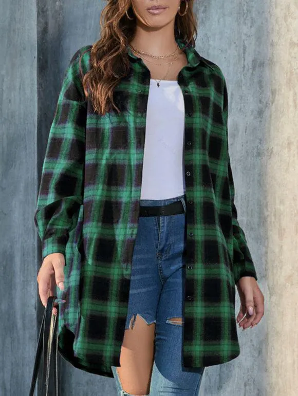 Chemise Décontractée Boutonnée à Carreaux Imprimé à Manches Longues