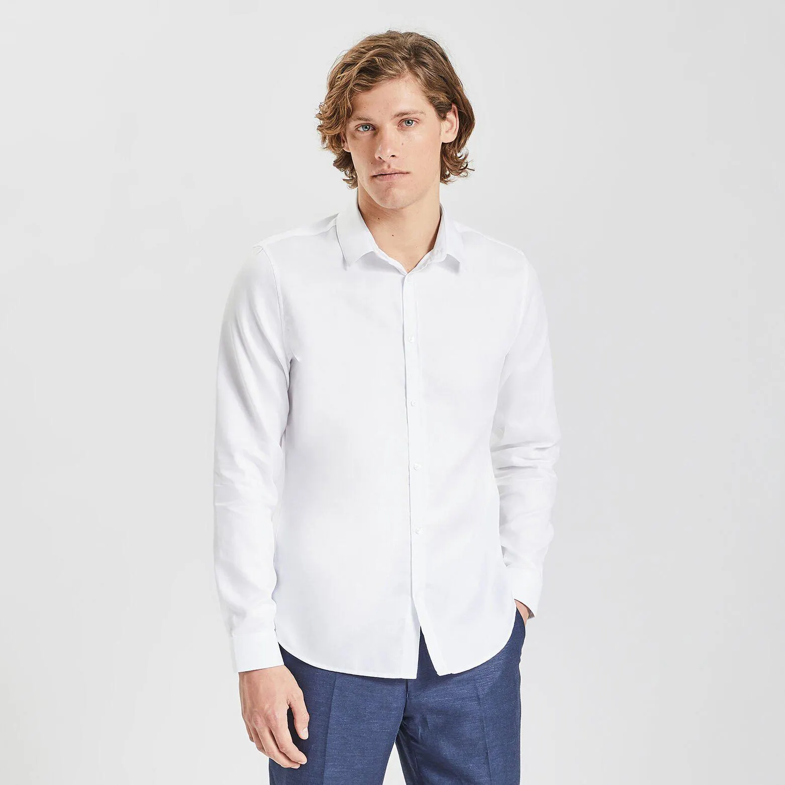 Chemise slim unie stay white/black coton - Blanc