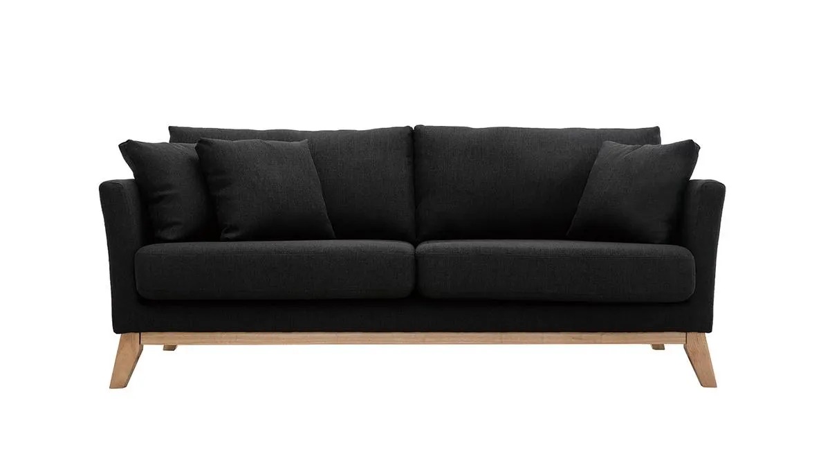 Canapé scandinave déhoussable 3 places en tissu gris foncé et bois clair OSLO