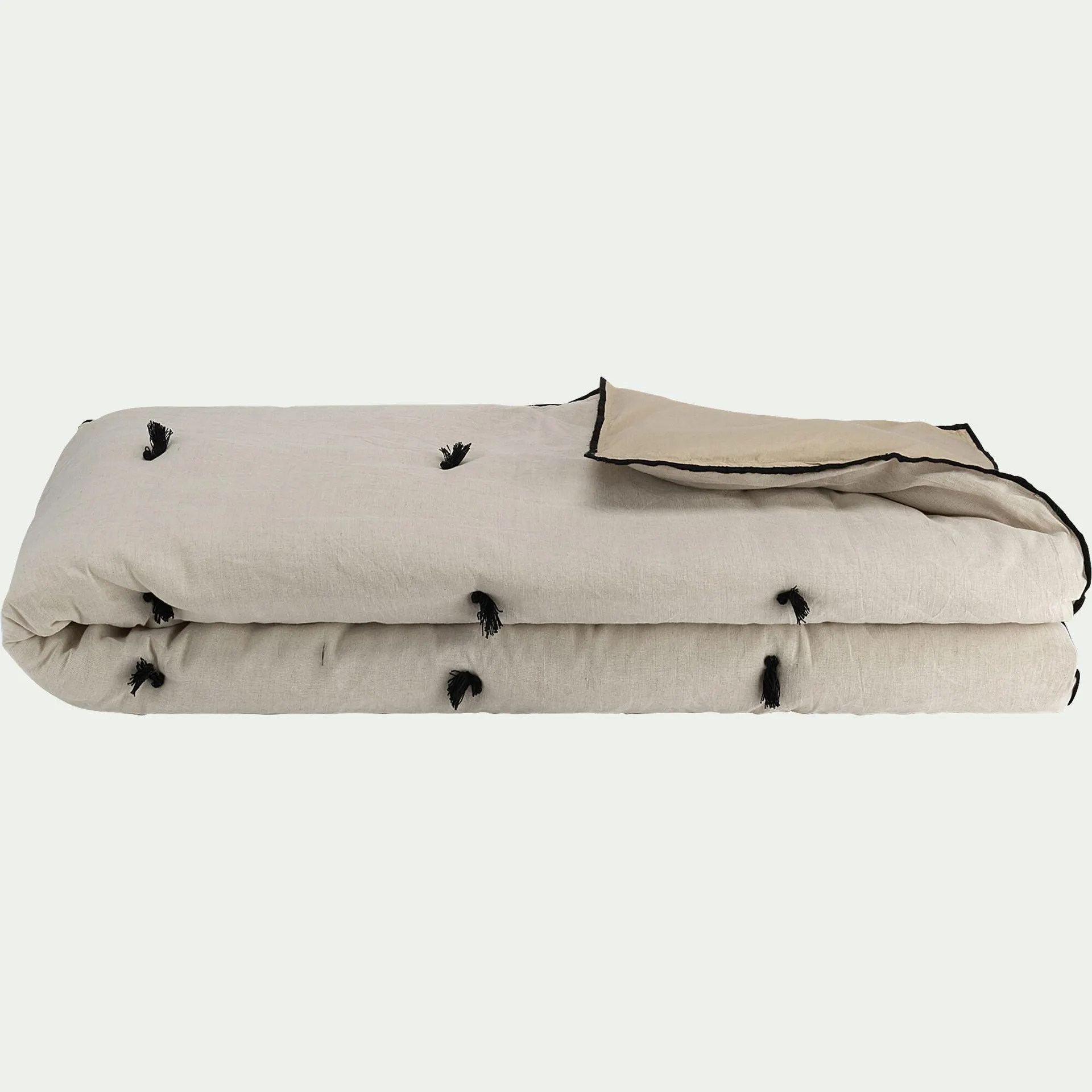 Édredon en lin et coton 100x180cm piquage pompons double faces - blanc écru