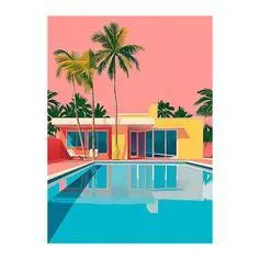 Affiche déco piscine palmiers art rétro 30x40cm