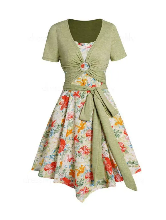 Ensemble de Robe Mi-Longue Asymétrique Fleur Colorée à Bretelle Fine et T Shirt Court avec Nœud Papillon à Manches Courtes