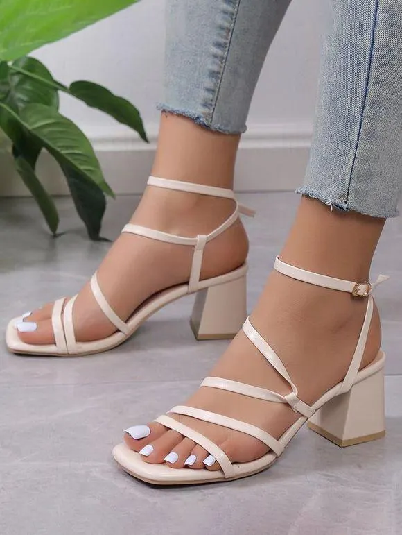 Buckle Square Toe Chunky Heel Casual Strappy Sandals