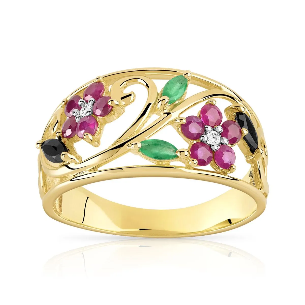 Bague or 375 2 tons fleurs pierres précieuses