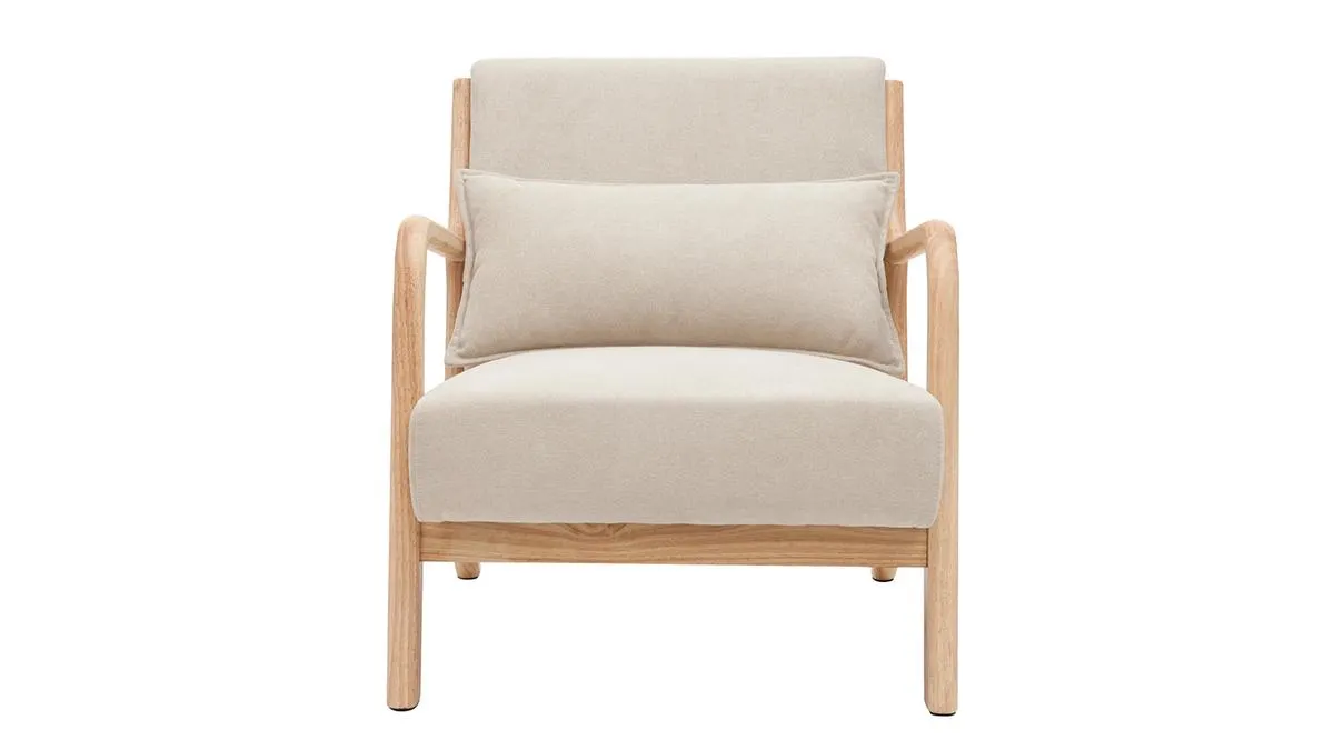 Fauteuil scandinave en tissu effet velours beige et bois clair massif DERRY