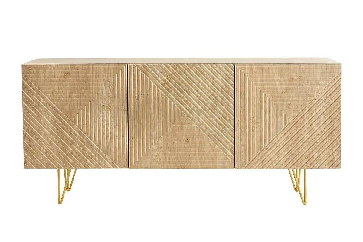 Buffet design gravé finition bois clair chêne et métal doré 3 portes L160 cm OZEN