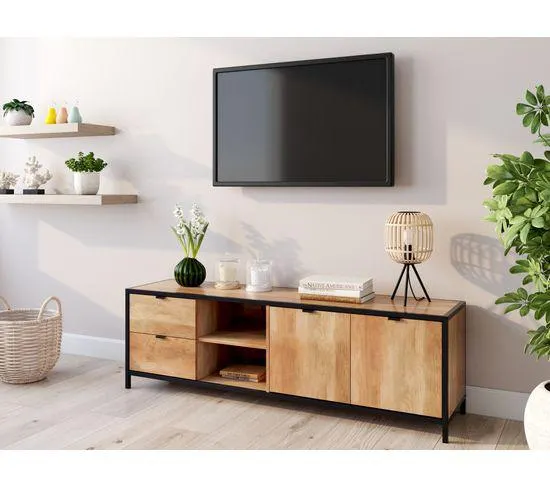 Meuble TV L.124 cm EVERGREEN 2 imitation chêne foncé et noir