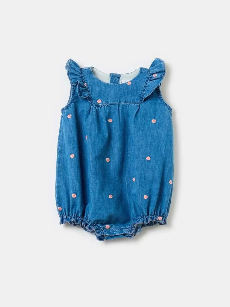 Denim romper suit with small flowers embroidery Décoloration moyenne