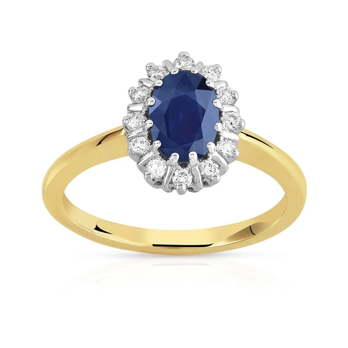 Bague 2 ors 750 saphir ovale entouré de diamants