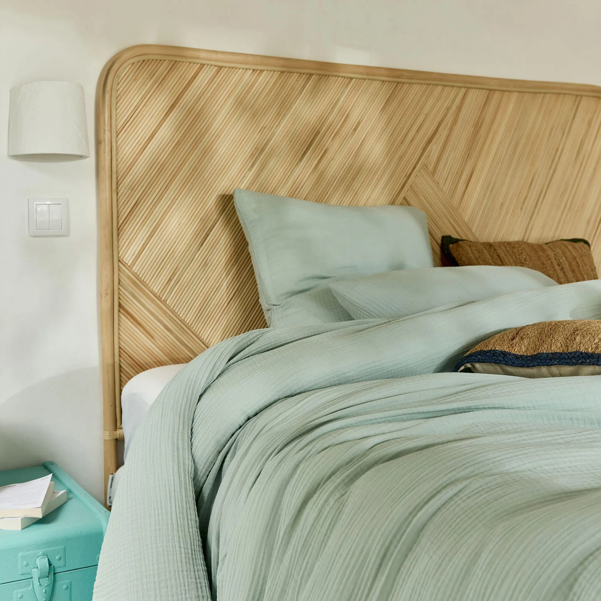 Housse de couette 240x220cm et 2 taies d'oreiller 63x63cm en double gaze de coton - bleu littoral