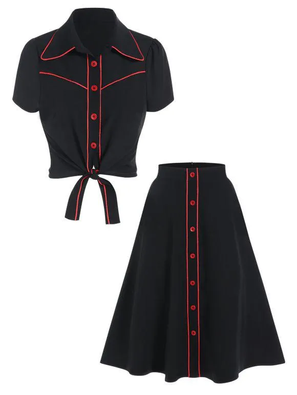 Ensemble de Chemisier Décontracté en Deux-Pièces avec Attaches et Boutons et Jupe en Ligne A Mi-longue