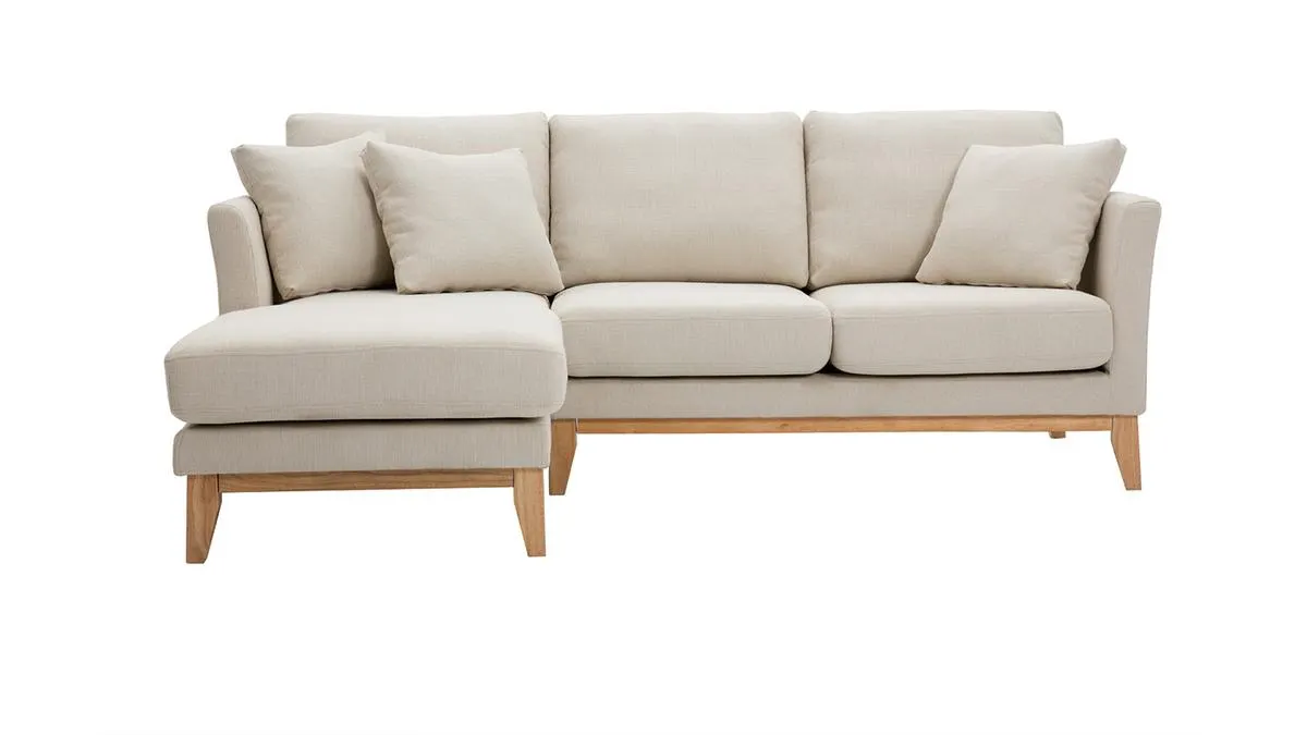 Canapé d'angle gauche scandinave en tissu beige déhoussable et bois clair 3-4 places OSLO