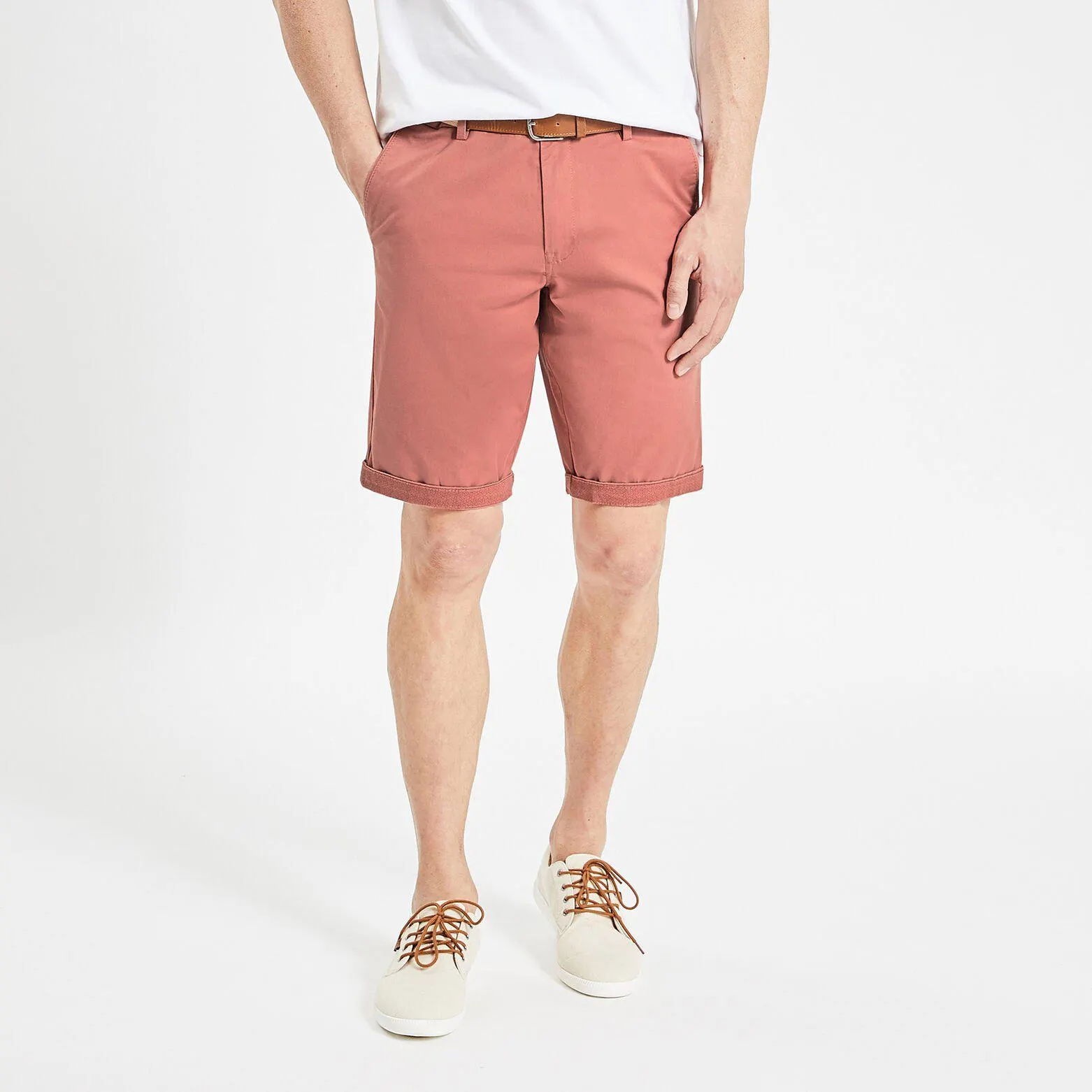 Bermuda chino uni avec ceinture - Rose