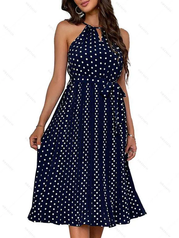 Robe Décontractée Mi-longue sans Manches à Pois à Col Halter pour Femme