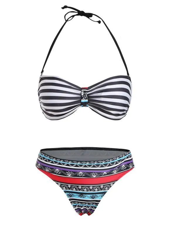 Ensemble Bikini Imprimé Ethnique Rayé à Col Halter Pour Femme