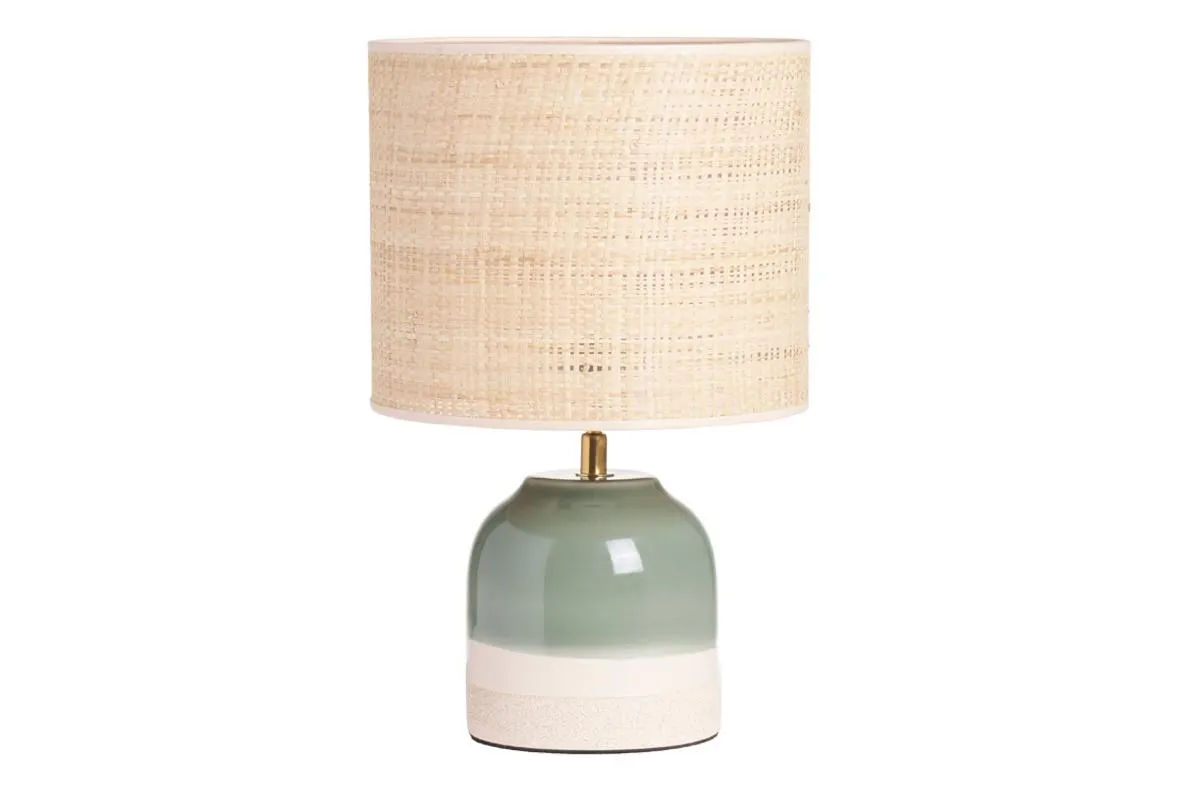 Lampe à poser verte en céramique et abat-jour en rabane H35 cm PIEGA