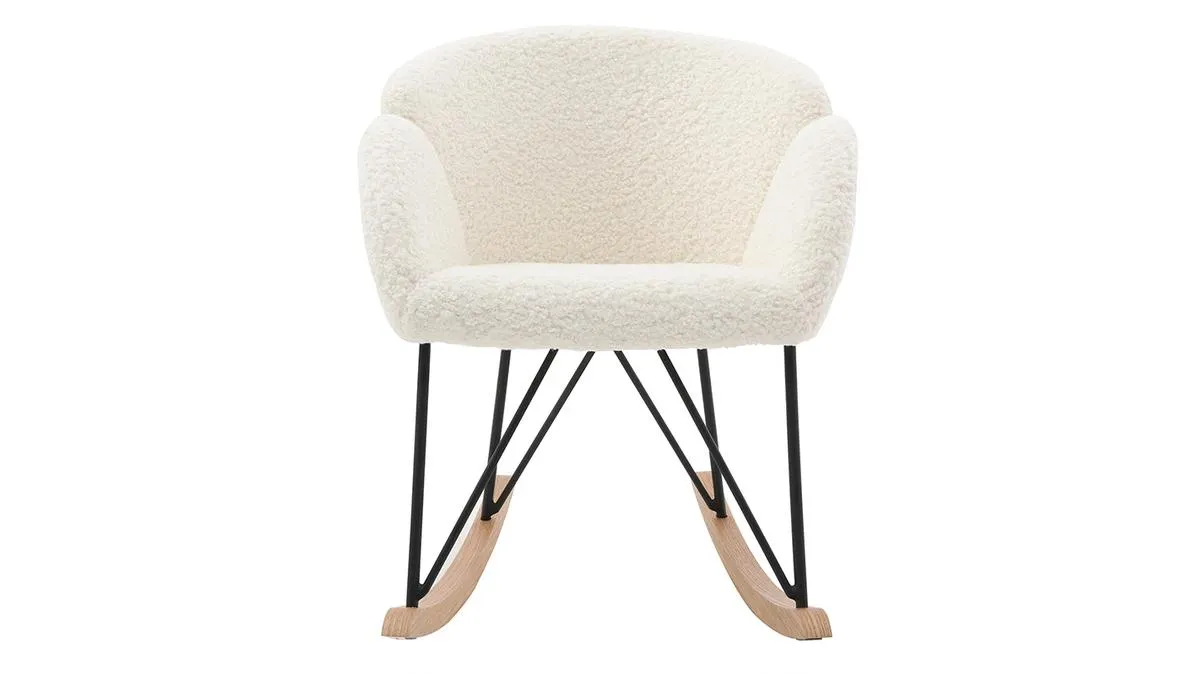 Rocking chair en tissu effet peau de mouton blanc, métal noir et bois clair RHAPSODY