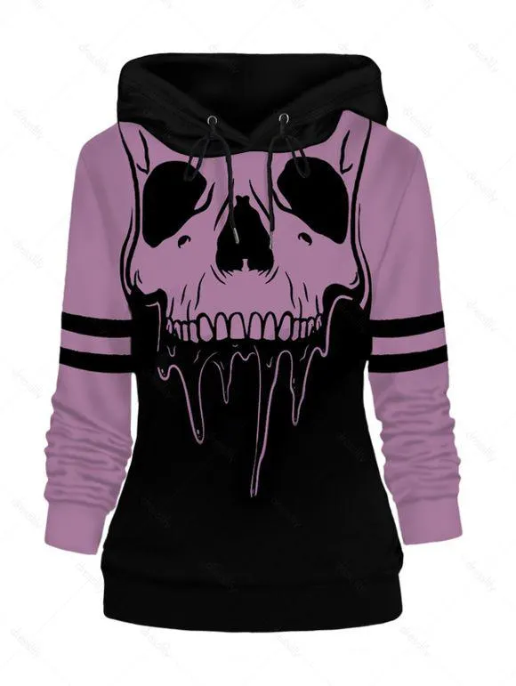 Sweat à Capuche D'Halloween à Imprimé Crâne en Blocs de Couleurs à Manches Longues à Cordon