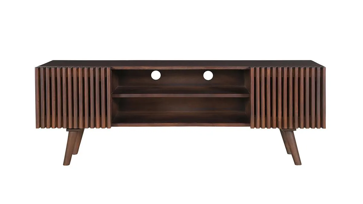 Meuble TV en manguier massif teinté bois foncé avec portes coulissantes L140 cm ALBA