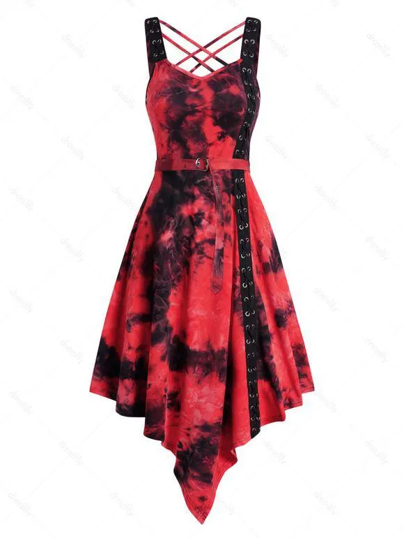 Robe Mi-Longue Asymétrique Teintée Imprimée Ceinturée à Lacets