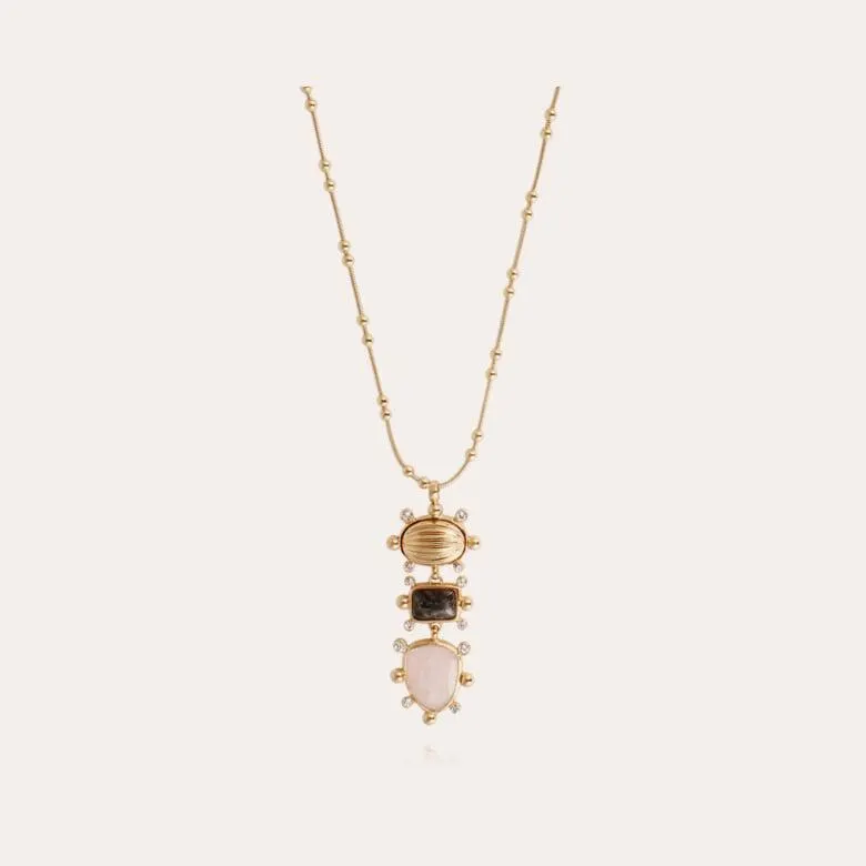 Tiki 3 rows necklace gold - Grey Marble & Pink Quartz