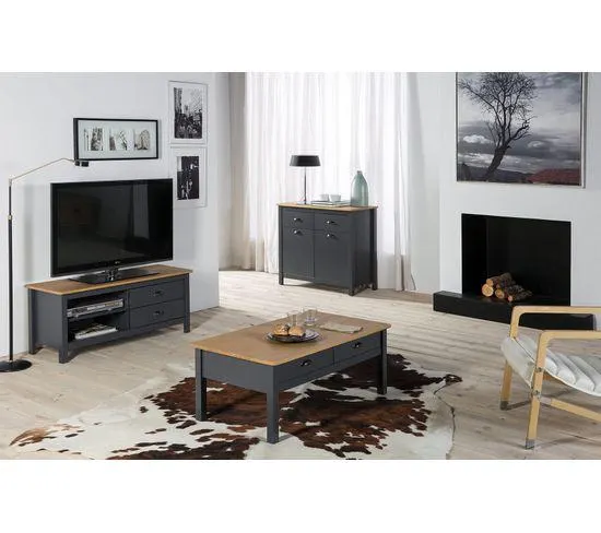 Meuble TV L.110 cm MAYA Bois massif gris