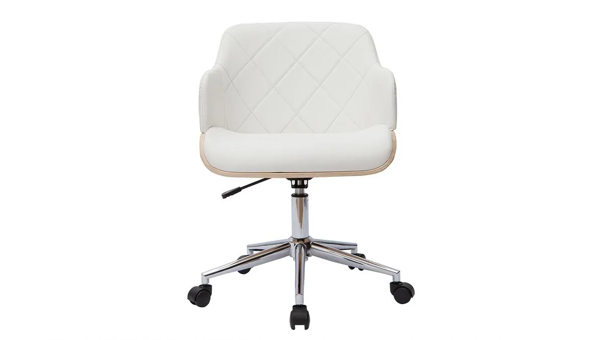 Chaise de bureau à roulettes design blanc, bois clair et acier chromé SANDRO