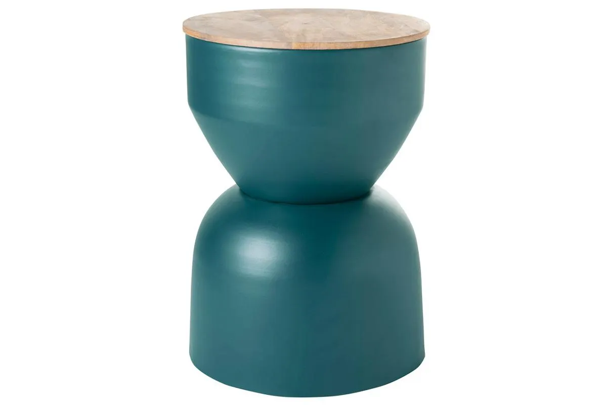 Table d'appoint ronde design avec rangement en métal bleu canard et bois manguier massif D30 cm YOYO