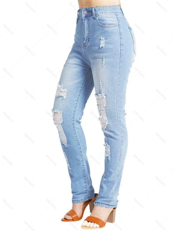 Jean Décontracté Long Zippé Déchiré Délavé en Denim