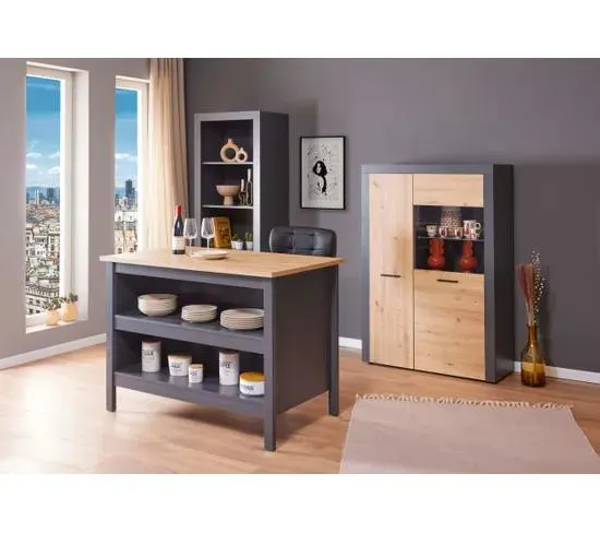 Ilot de cuisine LINA gris anthracite et imitation chêne