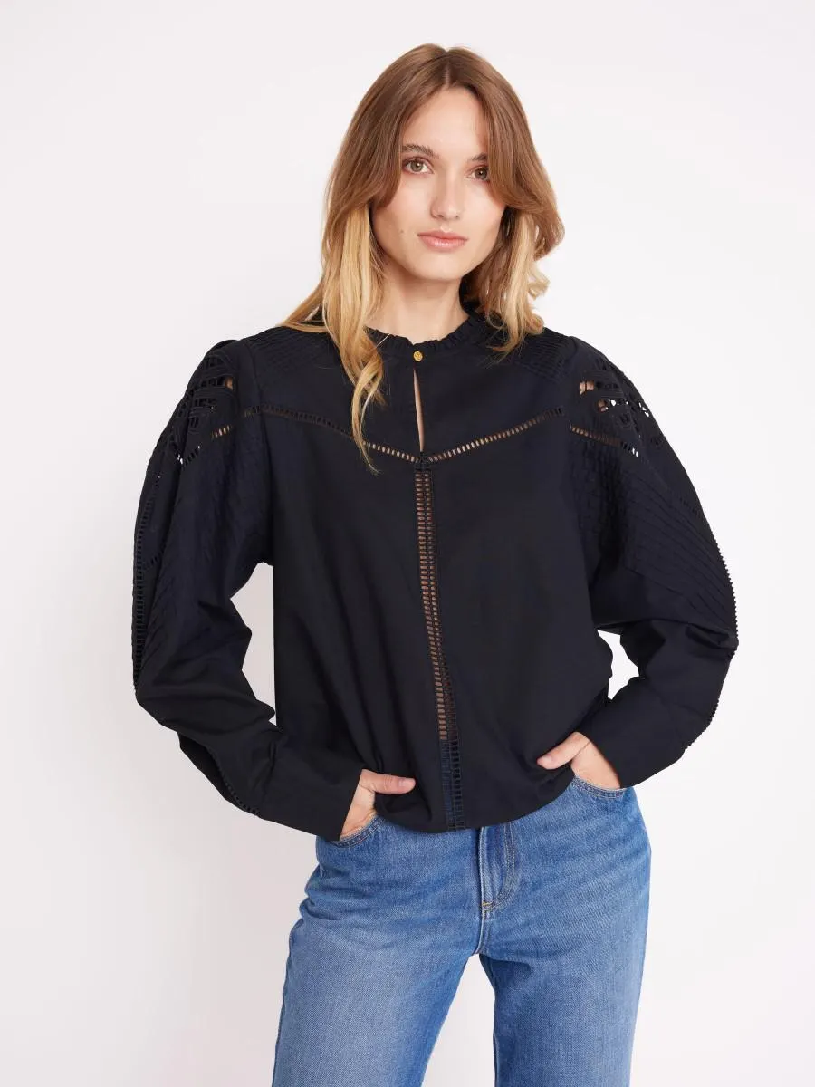 BARBARA | Blouse noire unie avec broderies