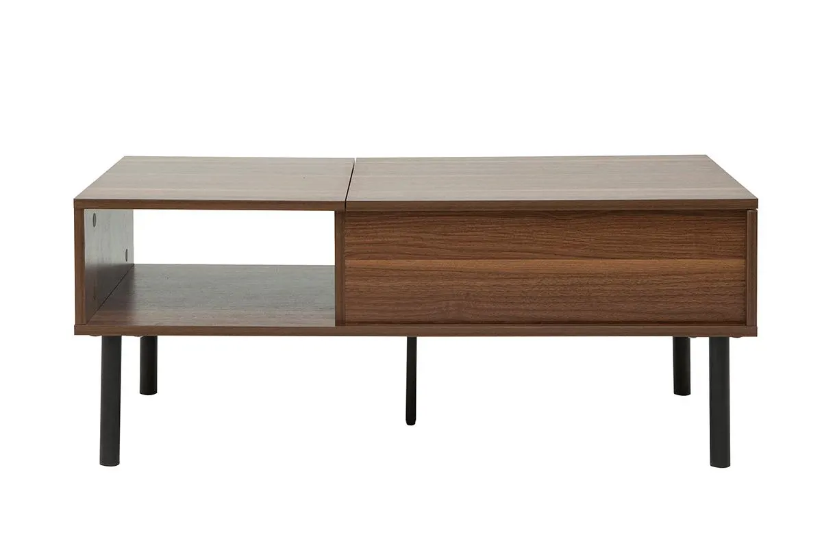 Table basse relevable rectangulaire bois foncé finition noyer et métal noir L100 cm KANE