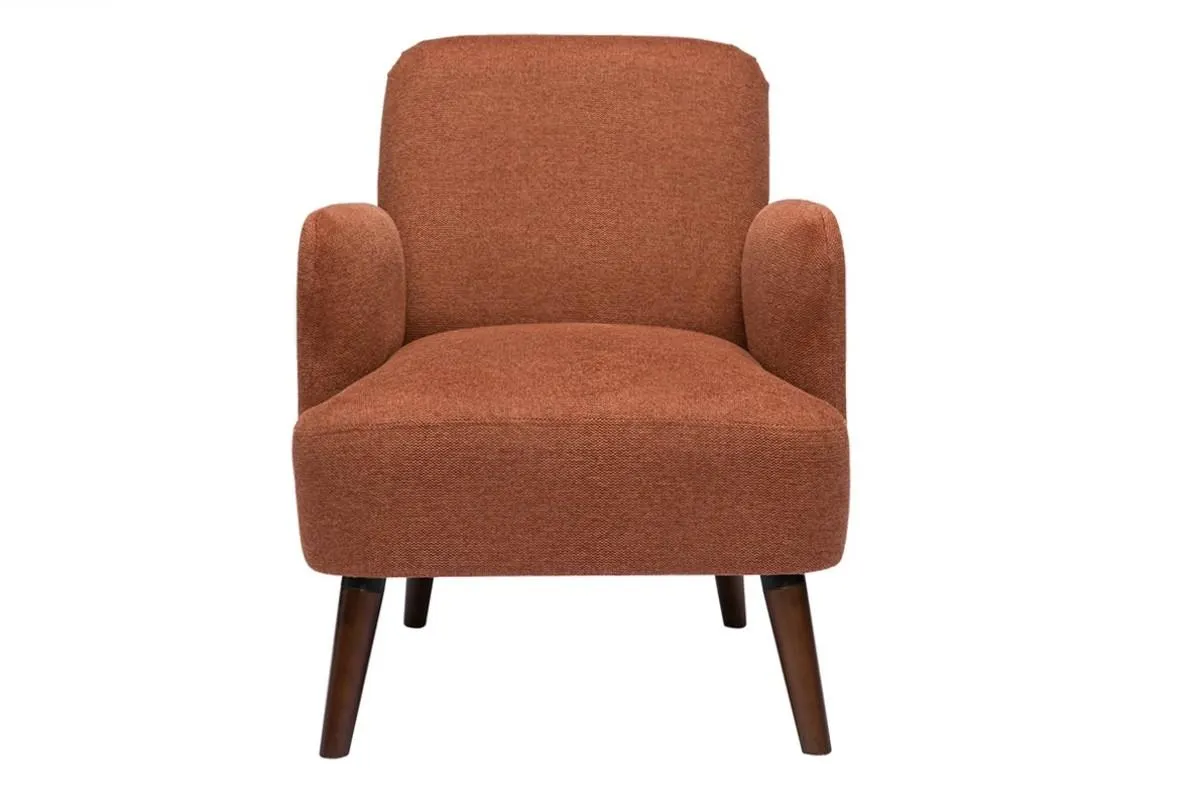 Fauteuil scandinave en tissu effet velours texturé terre brûlée et bois foncé ISKO