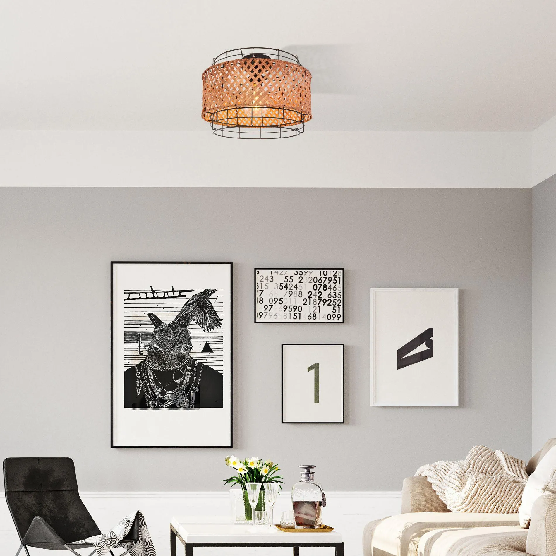 Plafonnier GINA en métal noir et bambou naturel