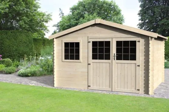 Abri de jardin bois LÉO 28 mm – 3,60×3,00 m, double porte vitrée + fenêtre façade – Décor et Jardin
