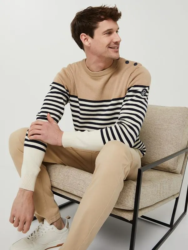 Pull Marinière 100% Coton Boutonnage Épaule - Beige