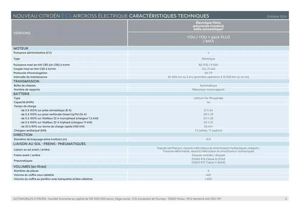 Citroën Nouveau ë-C3 Aircross Caractéristiques du 24 décembre au 24 décembre 2025 - Catalogue page 6