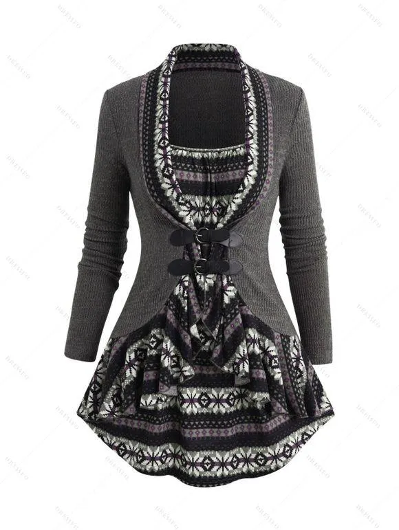 Haut Drapé Tricoté Ethnique Panneau Géométrique en Maille à Manches Longues