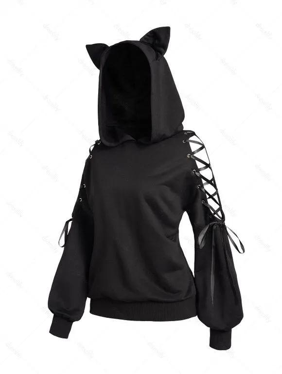 Sweat à Capuche Gothique en Couleur Unie Oreille de Chat à Goutte Epaule à Lacets